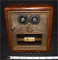 Antique 1897 Brass & Tiger Oak Bank Lock Box