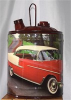 Vintage painted red Gas Can w/ Chevy BelAir