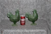 GREEN GLASS STANDING ROOSTERS