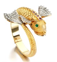 Natural gemstone fish ring in 18k gold