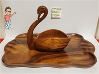 Midcentury Detailed Wood Swan and Large Serving Tr