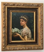 Girl holding flowers (France, 1872-1945)