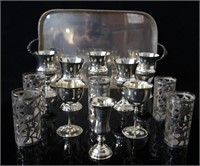 Silver sleeve glasses, silver plate goblets & tray