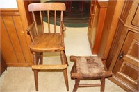 Antique Oak High Chair and a Oak Rush Bottom