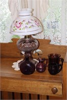 Purple Tinted Kerosene Lamp with Floral Shade