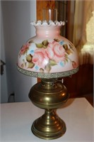Rayo Brass Oil Lamp With Floral Shade (converted