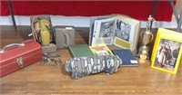 Small tool box & contents: drill, military books &