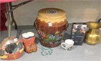 Ceramic drum, brass, spitoon, & misc. western