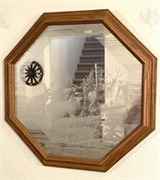 Octagonal Etched Mirror, Mule Deer 21" Oak