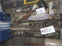 Mallet, tool tray with large sockets, and old
