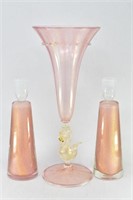 3Pc Gold Inclusion Opalescent MURANO Swan Vase &
