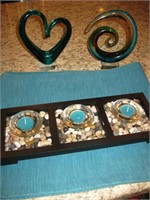 Modern Art Teal Glass Pieces, Candles &  Runner