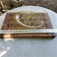 WOODEN CUTTER-TRAY& OVAL GLASS SERVING DISH