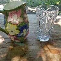 VTG CERAMIC EMBOSSED FLOWER PITCHER & GLASS VASE