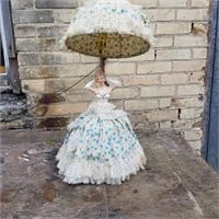 1950,s VTG LADY TABLE LAMP WITH UMBRELLA & DRESS