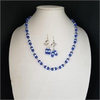 NECKLACE & DANGLE EARRING GLASS BLUE PEARLS
