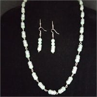 PEARLS NECKLACE & DANGLE EARRING L. GREEN GLASS
