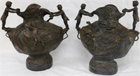 PAIR OF LATE 20TH C. BRONZE URNS WITH FIGURAL