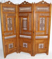 POSSIBLY MOROCCAN 3 FOLD SCREEN, STICK & BALL