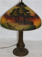 EARLY 20TH REVERSE PAINTED TABLE LAMP WITH SCENIC