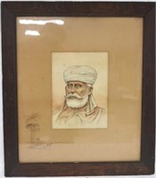 WATERCOLOR BUST OF A SULTAN WITH DESERT DRAWING