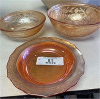 3 Orange Carnival Glass Bowls