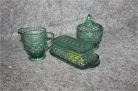 JADE DEPRESSION GLASS CREAM AND SUGAR AND BUTTER