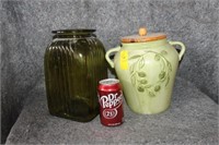 COOKIE JAR AND LARGE GREEN GLASS VASE