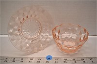 Pink cube optic depression glass bowl and saucer