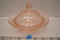 Royal Lace pink depression glass small covered
