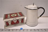 Small enamel pot and tin box