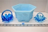 Fenton frosted blue pot and 2 blue art glass