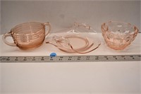 3 pink depression glass dishes