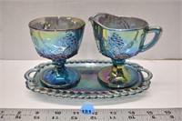 Unmarked 3 piece carnival style glass cream and