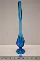 Blue art glass bud vase, 12" T