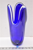 Large blue art glass vase, 14" T