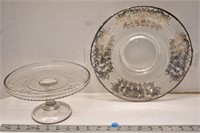 Unmarked pedestal cake plate and silver overlay