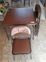 BROWN CARD TABLE W/ 3 CHAIRS