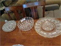 Cut glass platter, bowl, covered candy dish