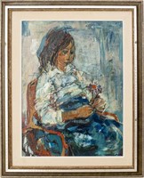 Ruth Schloss "Girl with Flower" Oil on Canvas