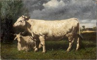 Realist School "Cow & Goat" Oil on Cardboard