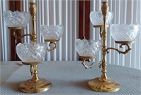 818 - PAIR OF BRASS & CRYSTAL CANDLE HOLDERS