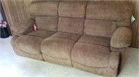 Upholstered Brown Couch with Dual End Recliners.