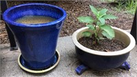 Blue Glazed Planter Pair