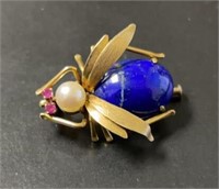 14 KT Scarab, Ruby and Pearl Pin