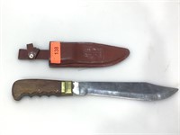 Folding Bowie knife w/leather sheath, approx 17