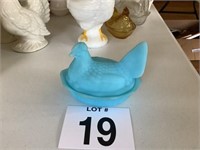 Blue Satin Glass Fenton Split Tail Hen on Nest