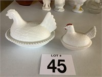 2 Milk Glass Hens on Nest