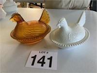 One Amber and one Milk Glass Hen on Nest