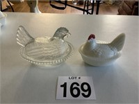 One Clear Glass and one Milk Glass Split Tail Hen